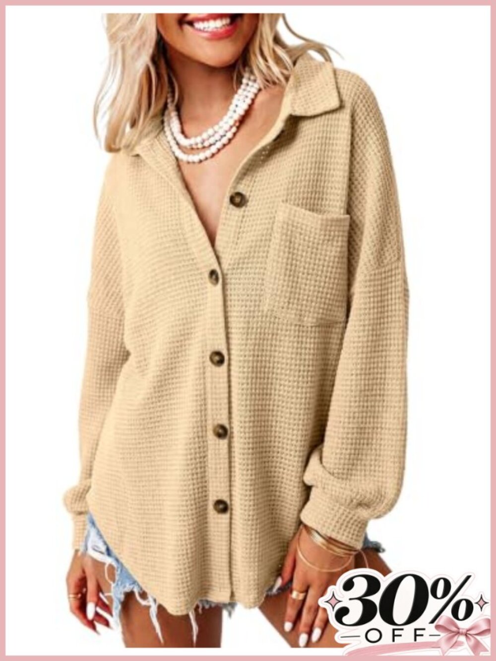 Waffle Knit Shacket Button Down Shirts Long Sleeve Loose Fit Boyfriend Style